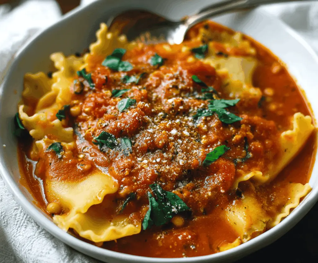 Delicious vegan lasagna soup topped with melted plant-based cheese, fresh basil, and lasagna noodles in a hearty tomato broth, perfect for a comforting plant-based meal.