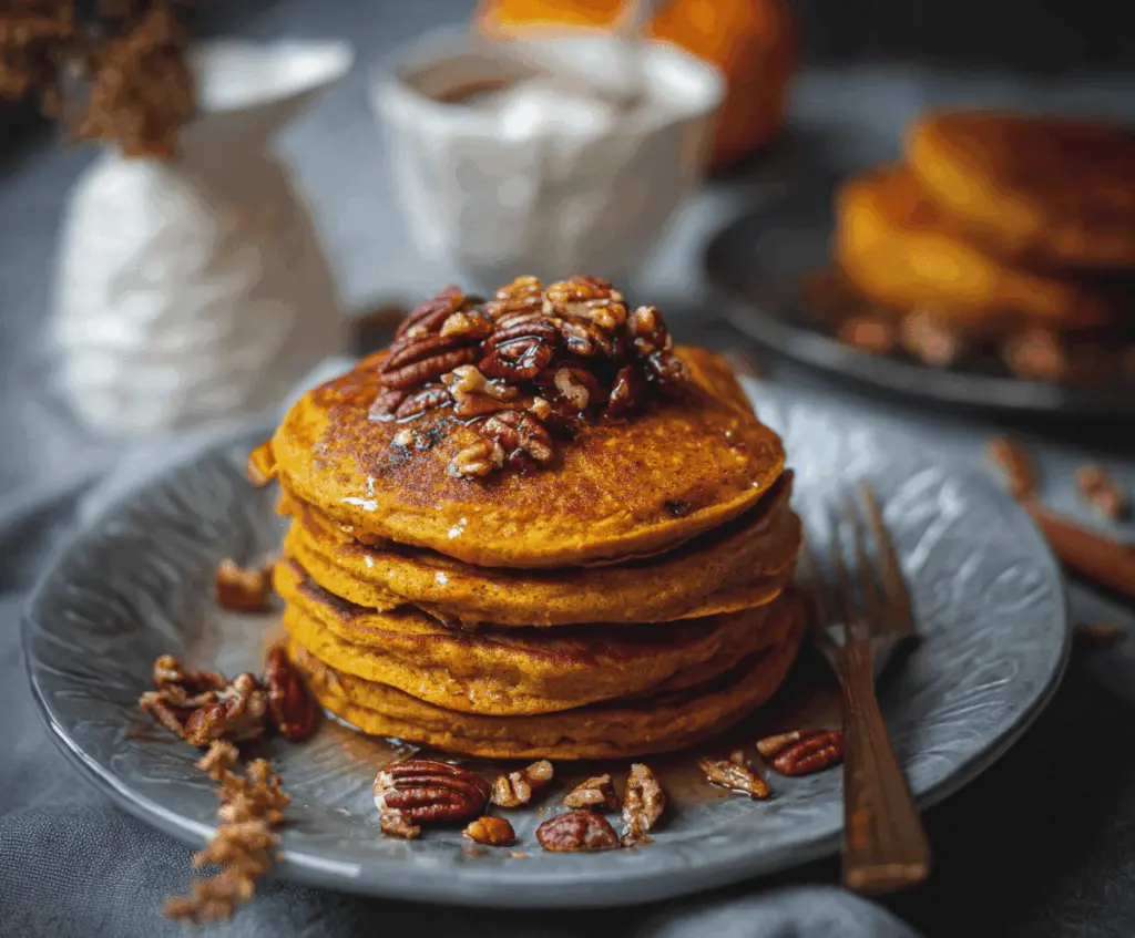 Delicious vegan pumpkin pancakes topped with maple syrup and fresh cinnamon, served on a plate for a cozy fall breakfast.