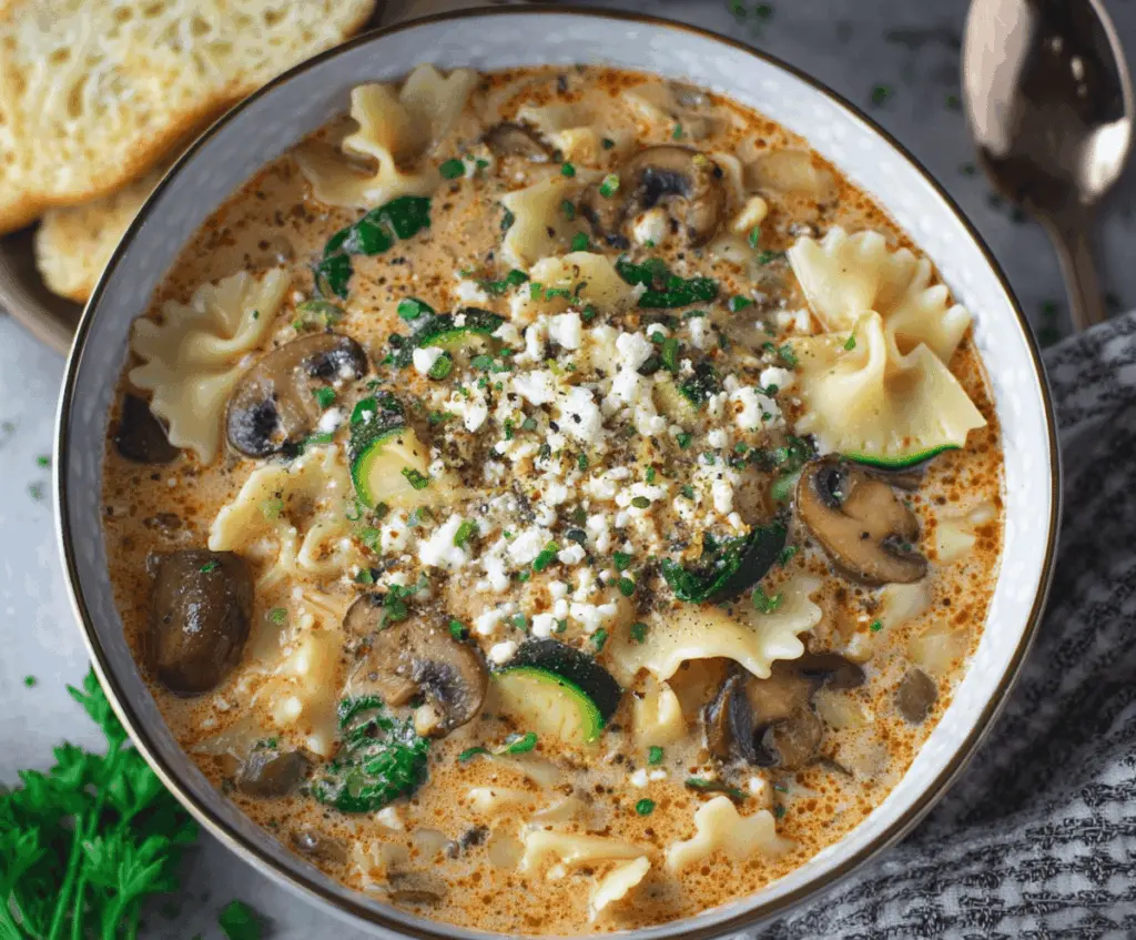 Creamy vegetarian lasagna soup with layers of vegetables, ricotta cheese, and herbs in a flavorful broth, served in a bowl.
