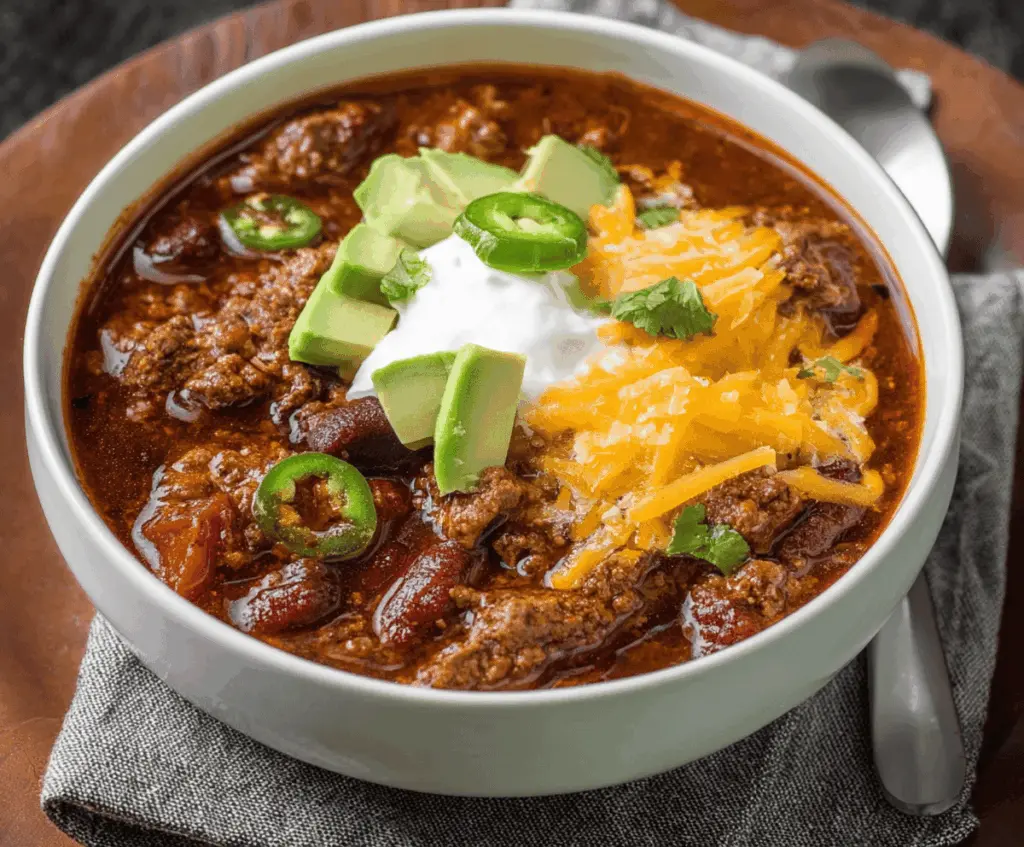 Savory bowl of venison chili topped with shredded cheese and fresh herbs, served with cornbread on the side