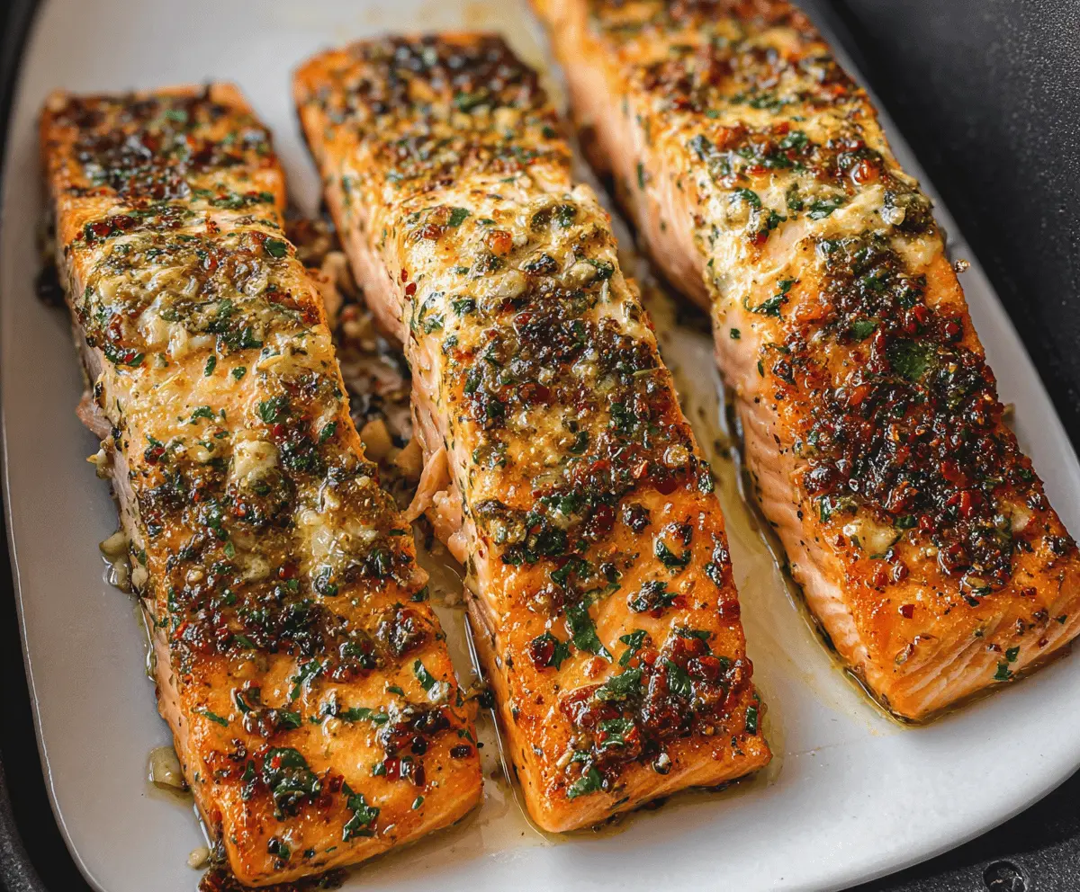 Delicious air fryer garlic butter salmon fillet garnished with fresh herbs on a white plate, showcasing a crispy, golden exterior and tender, flaky interior.
