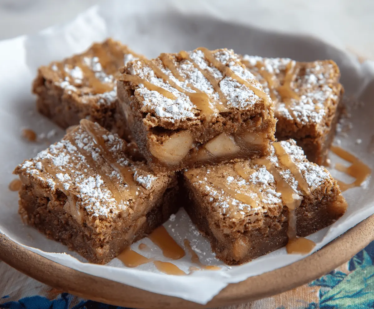 Delicious homemade apple brownies dessert with a caramel glaze