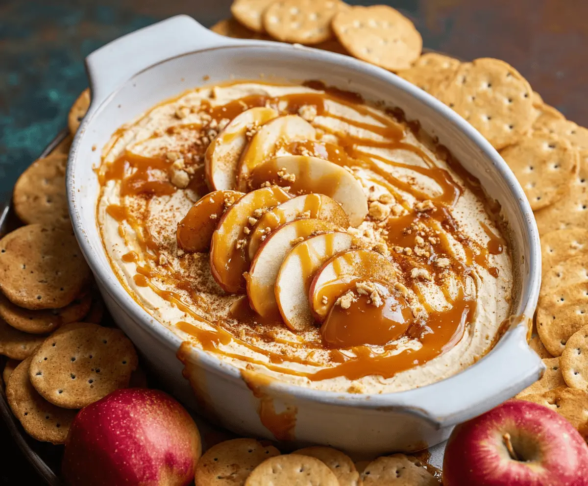 Creamy apple cheesecake dip topped with caramel sauce, perfect for sharing at parties.