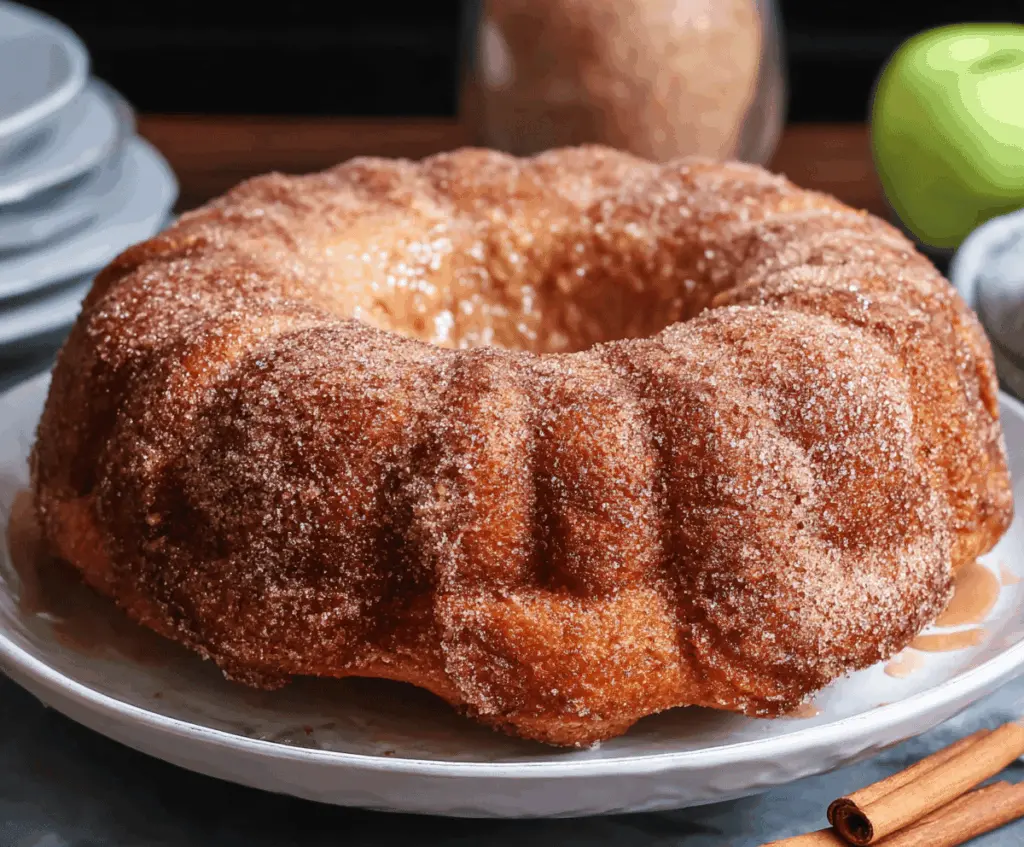 Delicious Apple Cider Donut Bundt Cake topped with cinnamon sugar, ready to serve