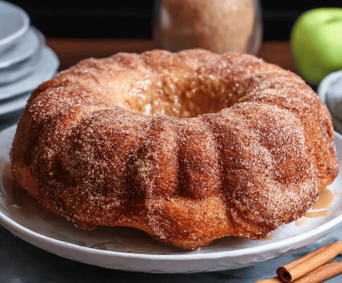 Delicious Apple Cider Donut Bundt Cake topped with cinnamon sugar, ready to serve