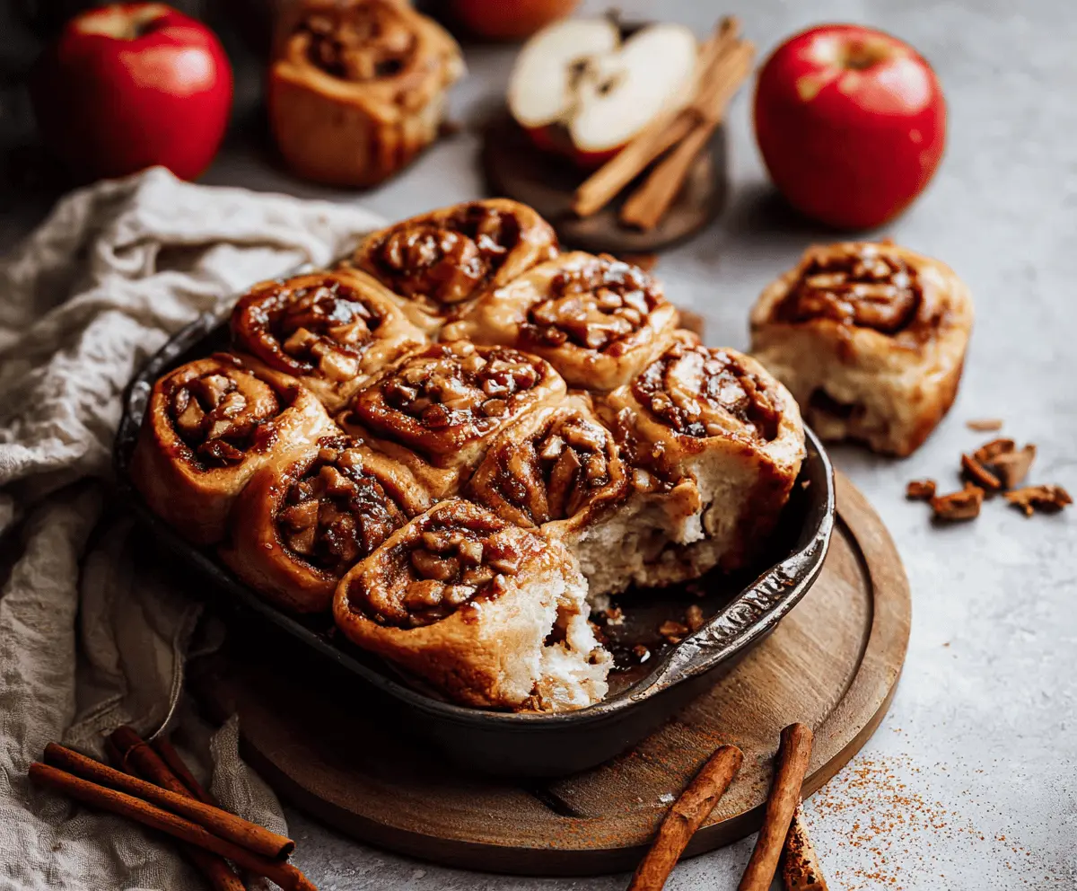 Delicious homemade apple cinnamon rolls topped with icing, featuring a soft, gooey interior with fresh apple slices and warm cinnamon flavor