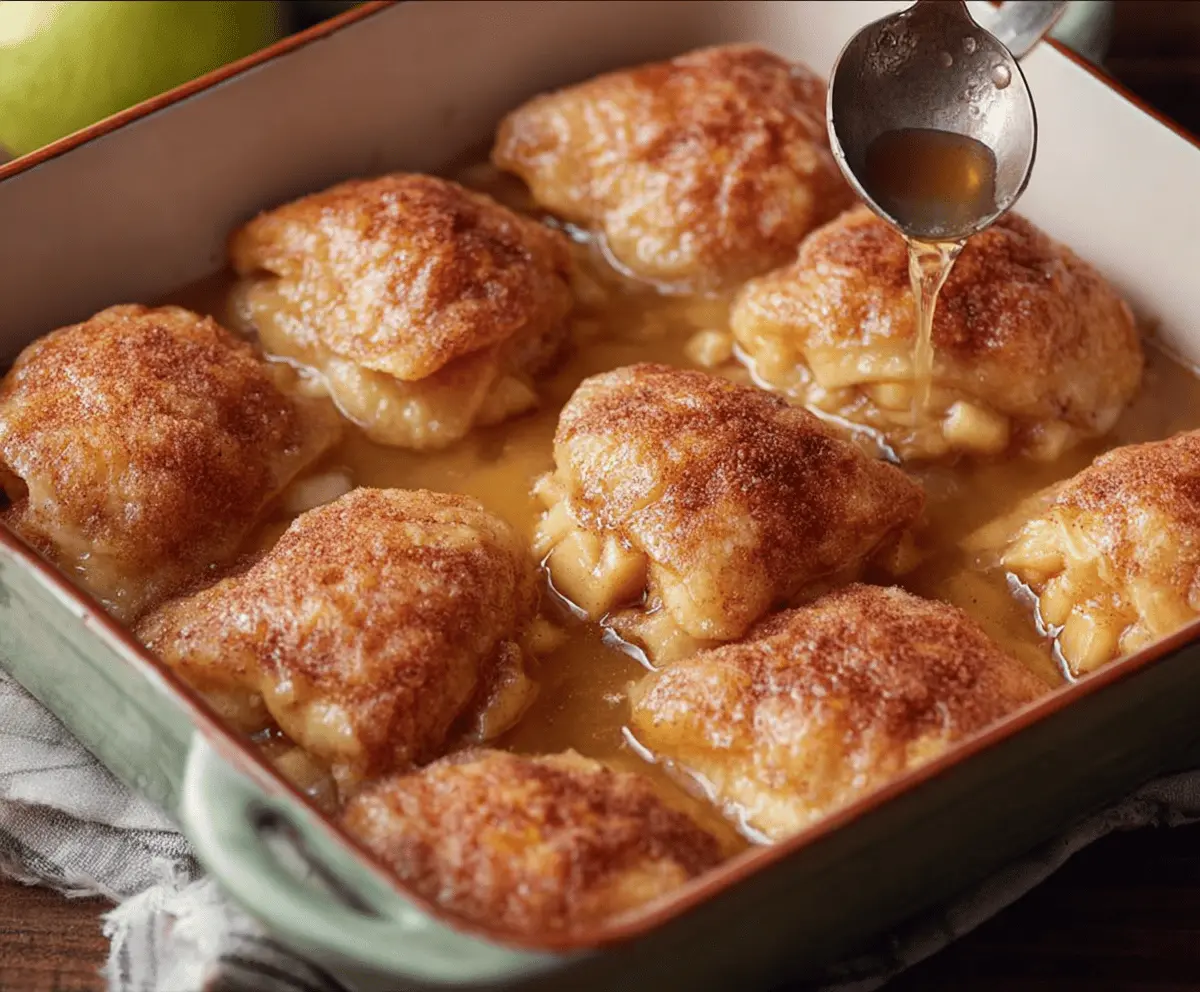 Delicious homemade apple dumplings with golden-brown crust and caramelized apple filling, served on a rustic plate for a sweet dessert treat.