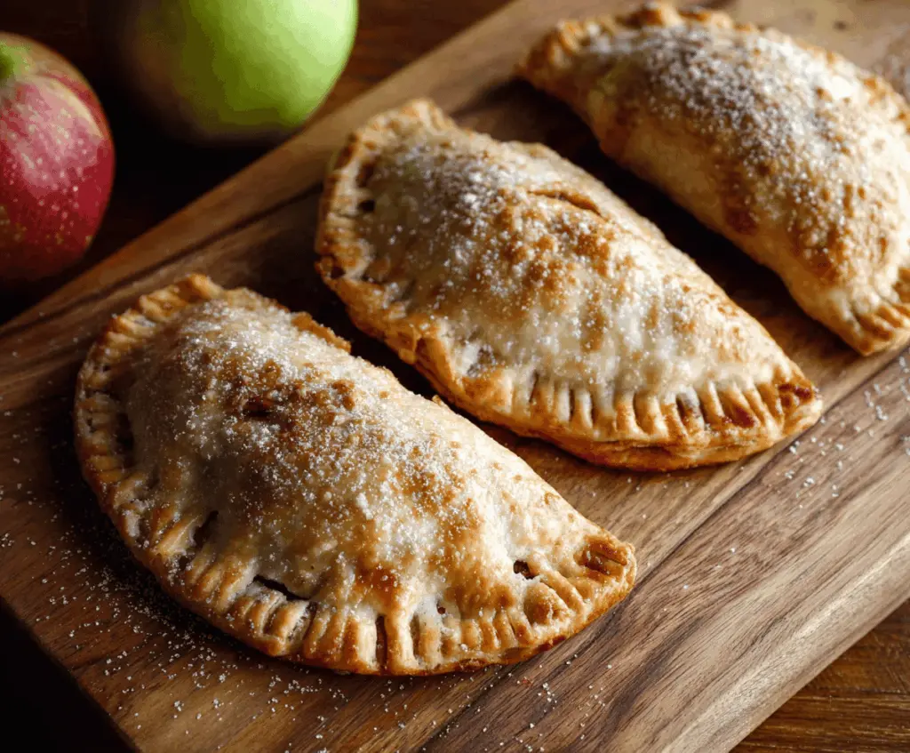 Fresh homemade apple hand pies with golden crust and cinnamon-spiced apple filling on a rustic wooden surface.