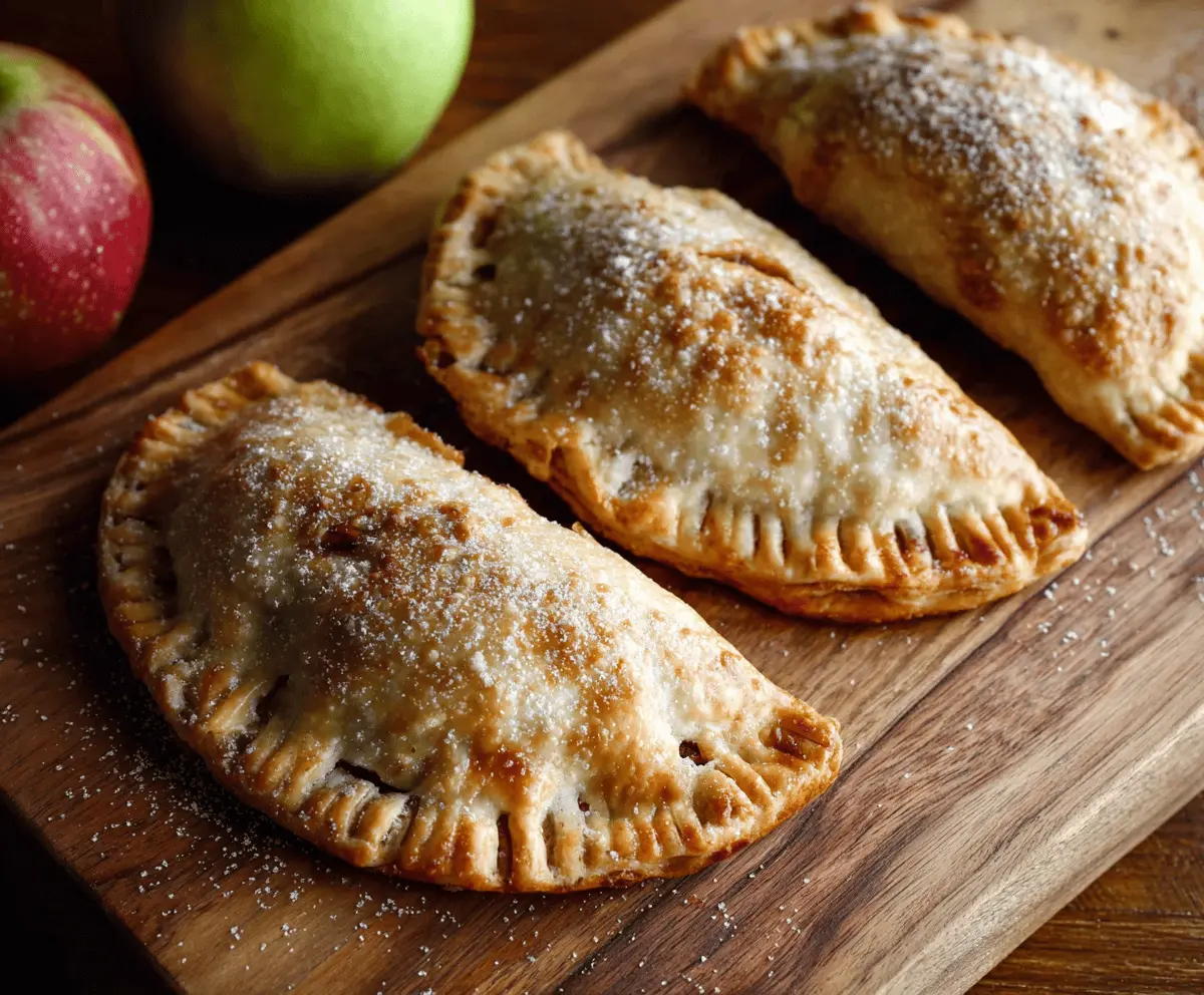 Fresh homemade apple hand pies with golden crust and cinnamon-spiced apple filling on a rustic wooden surface.