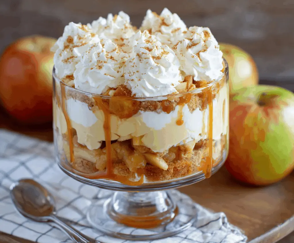 Delicious Apple Pie Trifle layered with spiced apples, creamy vanilla pudding, and crushed graham crackers, garnished with cinnamon and apple slices.