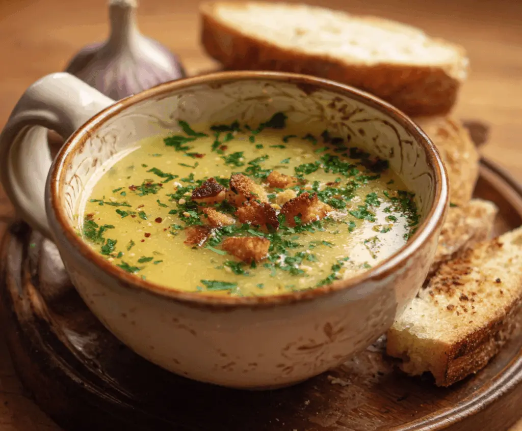 A bowl of steaming authentic Italian garlic soup garnished with fresh herbs and served with crusty bread on a rustic wooden table.