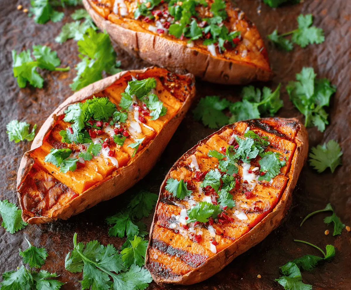 Delicious baked honey chili sweet potato served on a plate, featuring a caramelized, spicy, and sweet glazed exterior with a tender interior, perfect for a healthy meal.
