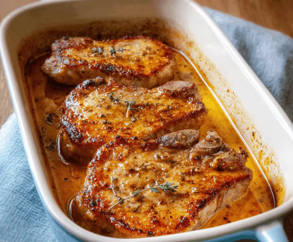Juicy baked pork chops with golden-brown crust served on a plate, garnished with fresh herbs and roasted vegetables