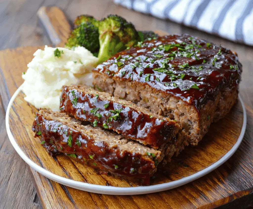 Balsamic glazed meatloaf topped with fresh herbs on a white plate, served with roasted vegetables