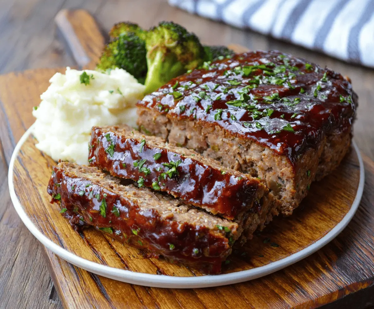 Balsamic glazed meatloaf topped with fresh herbs on a white plate, served with roasted vegetables
