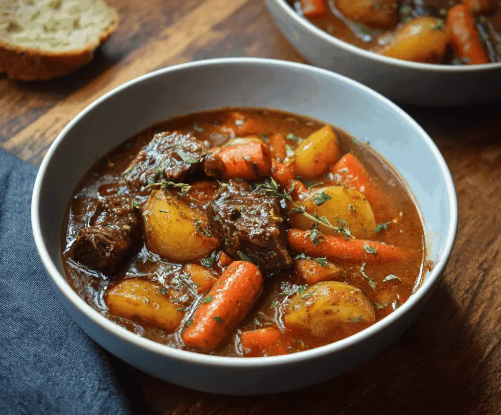 Hearty beef stew with tender carrots and potatoes served in a rustic bowl, perfect for comfort food lovers