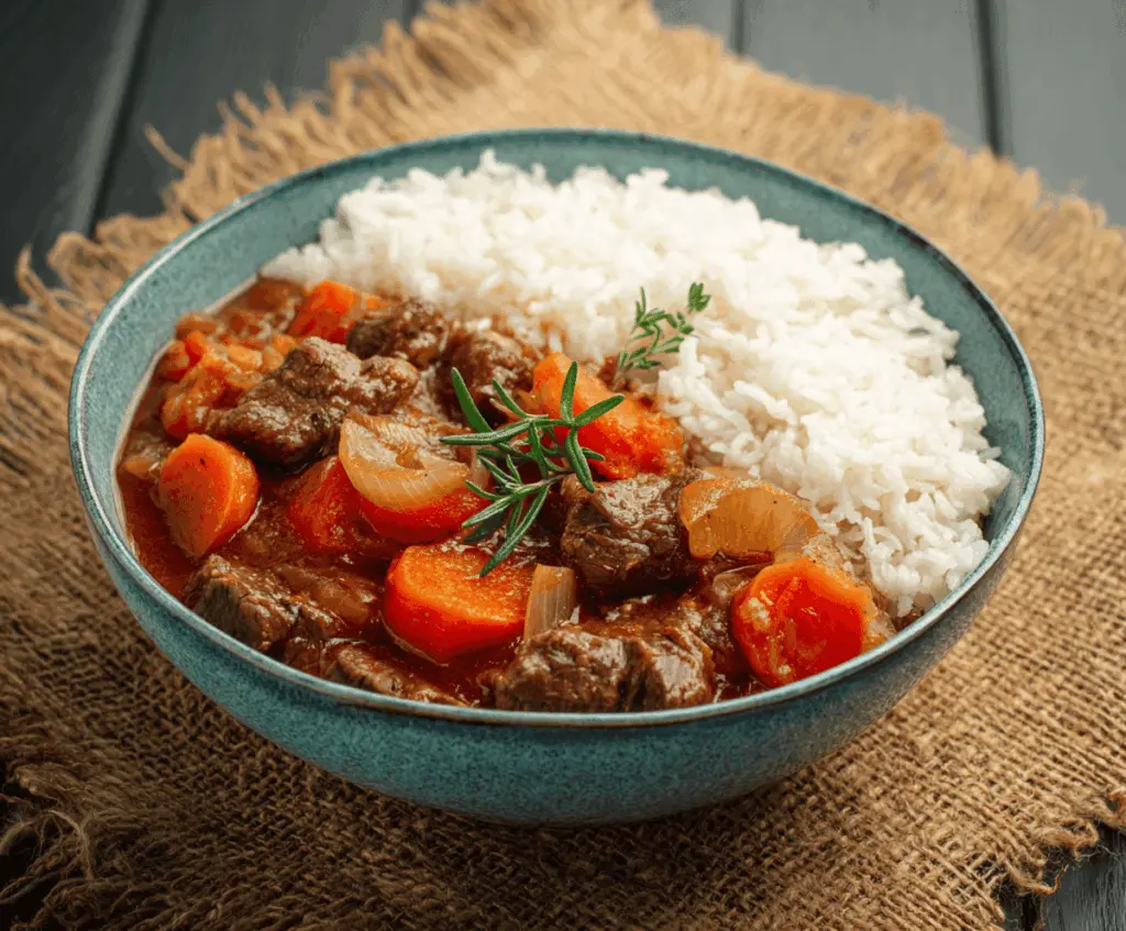 A hearty beef stew served with fluffy white rice, garnished with fresh herbs in a bowl on a rustic wooden table.