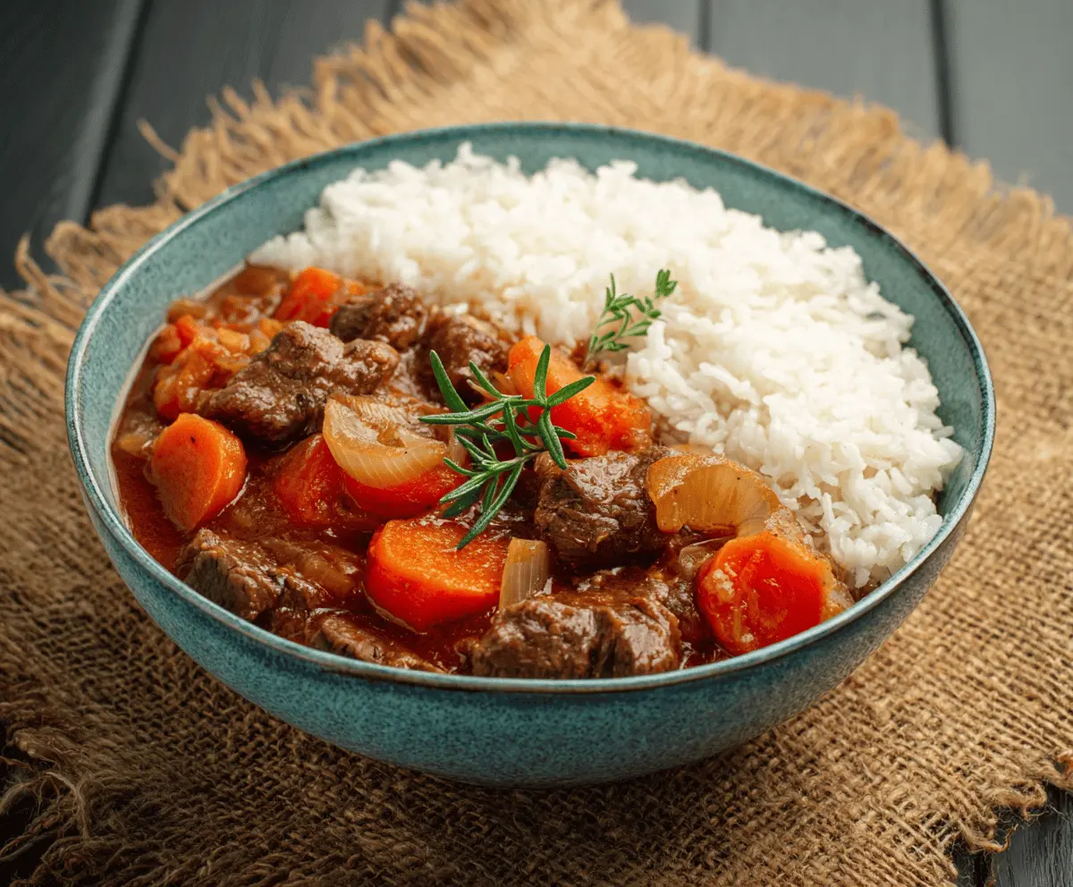 A hearty beef stew served with fluffy white rice, garnished with fresh herbs in a bowl on a rustic wooden table.