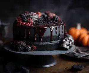 Delicious Black Velvet Halloween Cake decorated with spooky spiderweb icing and creepy edible spider toppers, perfect for Halloween celebrations.
