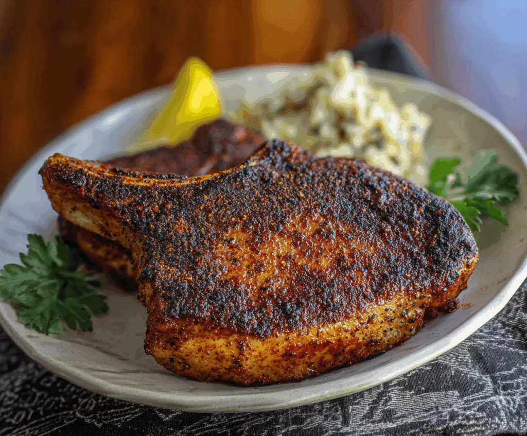 Juicy blackened pork chops with a flavorful seasoning crust served on a rustic plate, perfect for a savory dinner