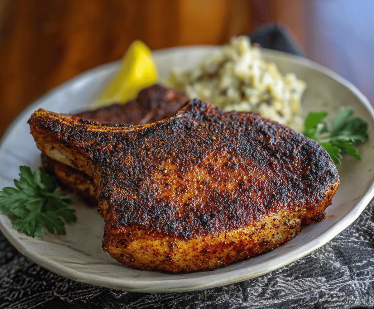Juicy blackened pork chops with a flavorful seasoning crust served on a rustic plate, perfect for a savory dinner