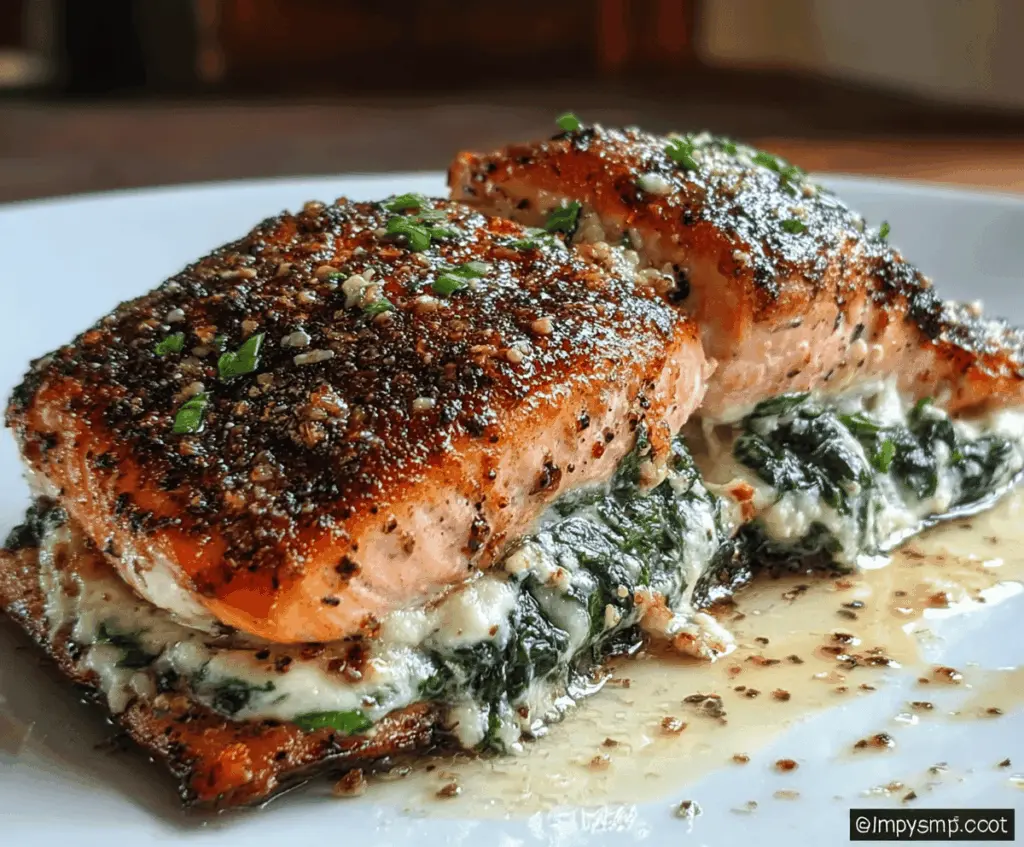 Delicious blackened salmon fillet stuffed with fresh spinach and melted Parmesan cheese, served on a white plate with lemon wedges