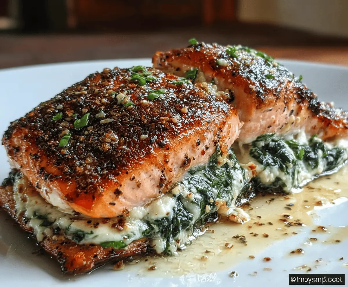 Delicious blackened salmon fillet stuffed with fresh spinach and melted Parmesan cheese, served on a white plate with lemon wedges