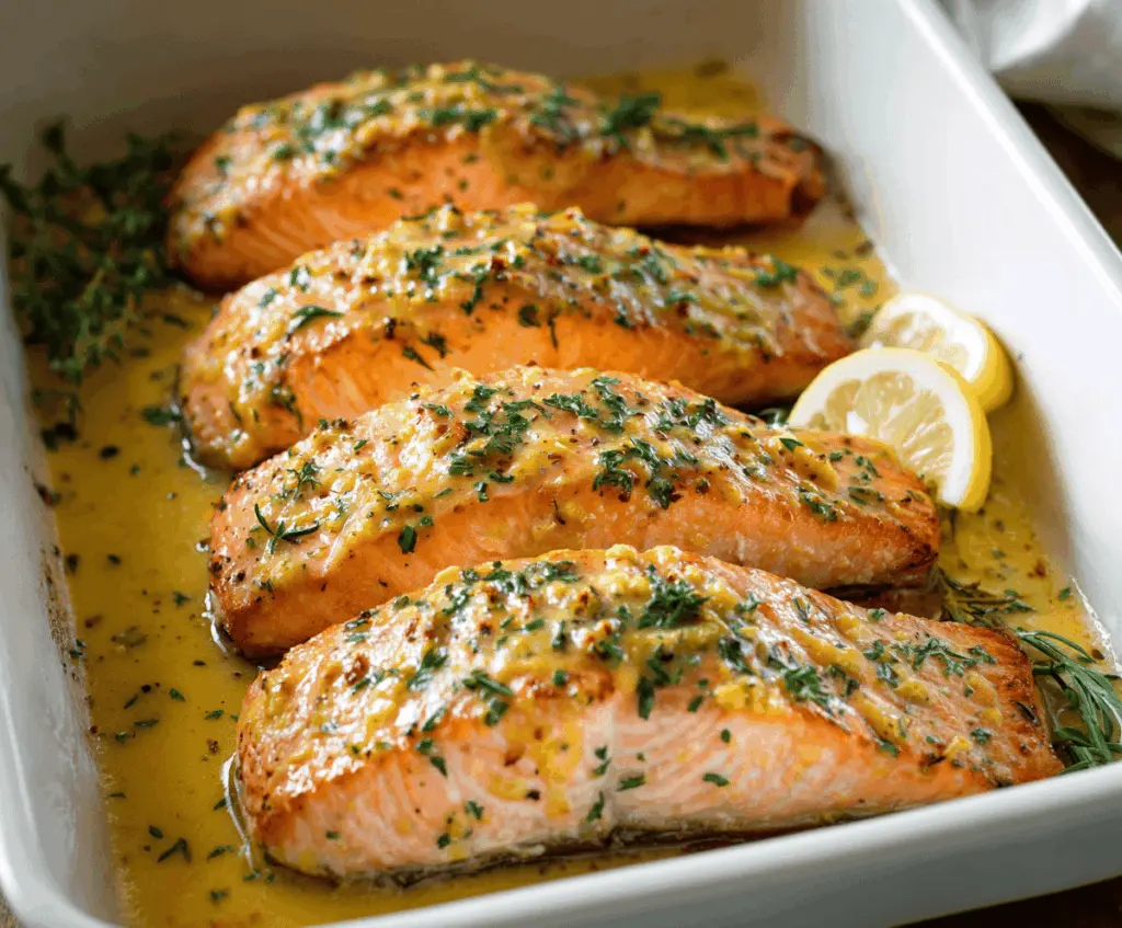 Delicious oven-baked salmon glazed with butter, honey, and mustard, garnished with fresh herbs for a flavorful Buttered Honey Mustard Oven Salmon recipe