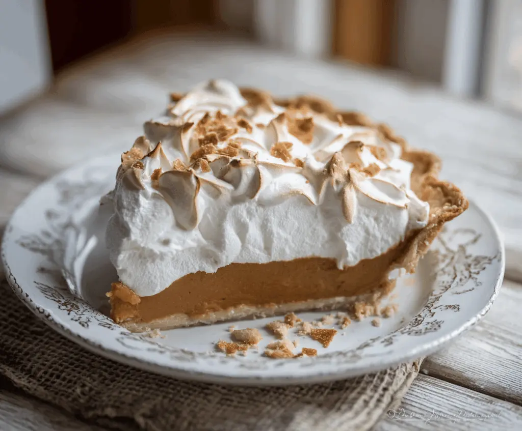 Creamy butterscotch pie with a golden crust and caramel topping, served on a decorative plate.
