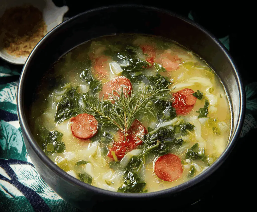 A steaming bowl of Caldo Verde with kale, chorizo slices, and potatoes, served with crusty bread on the side.
