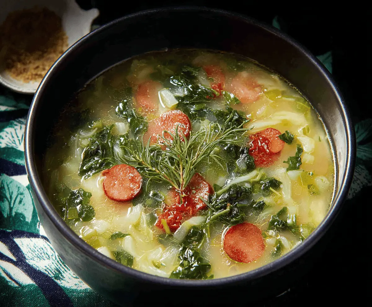 A steaming bowl of Caldo Verde with kale, chorizo slices, and potatoes, served with crusty bread on the side.