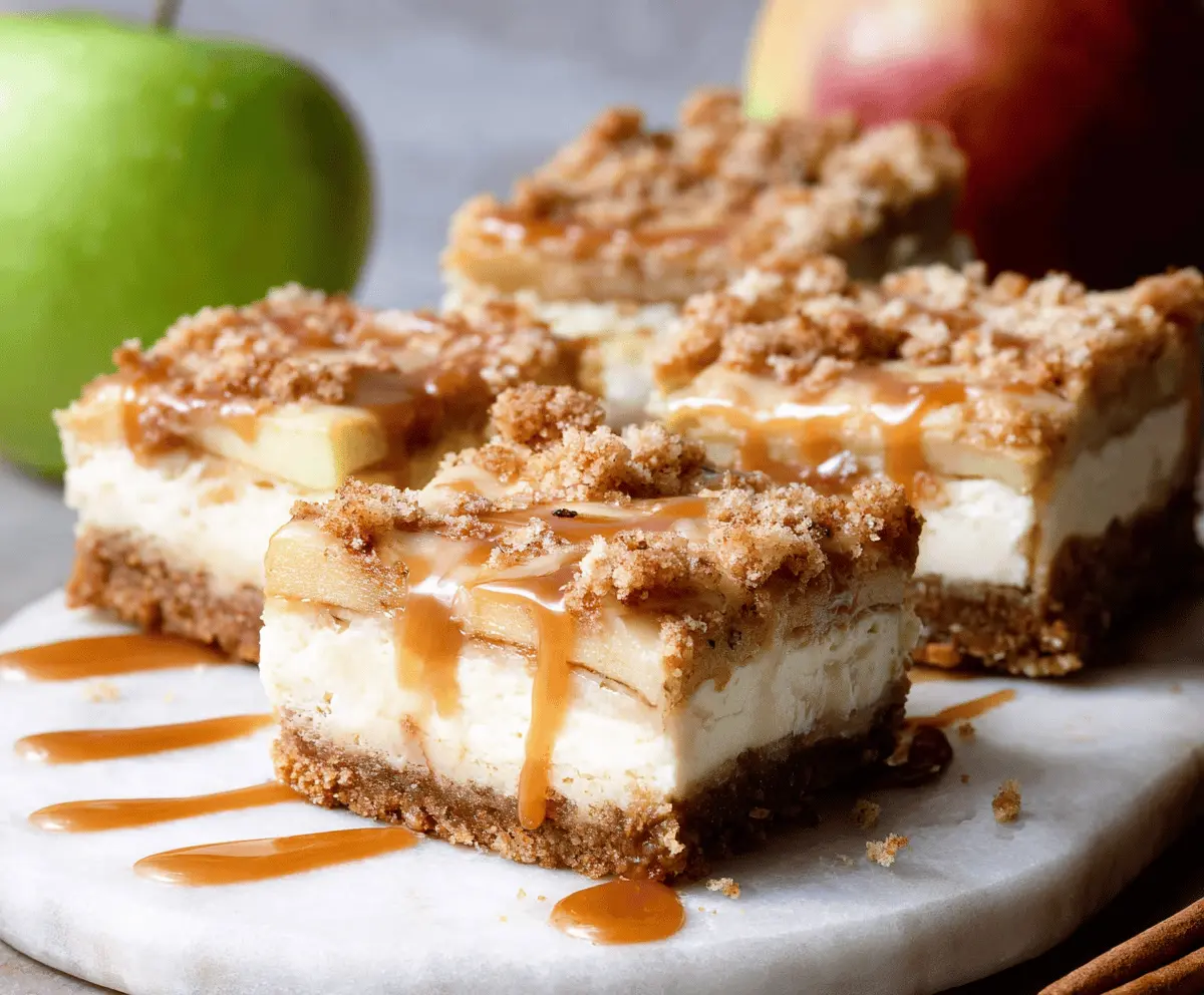 Delicious Caramel Apple Cheesecake Bars topped with caramel drizzle and apple slices