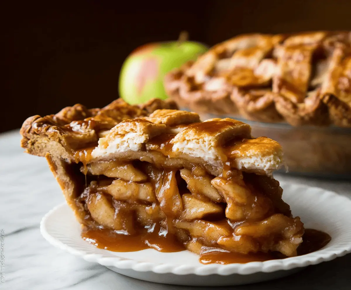 Delicious caramel apple pie topped with caramel drizzle and a flaky golden crust, served warm with a scoop of vanilla ice cream