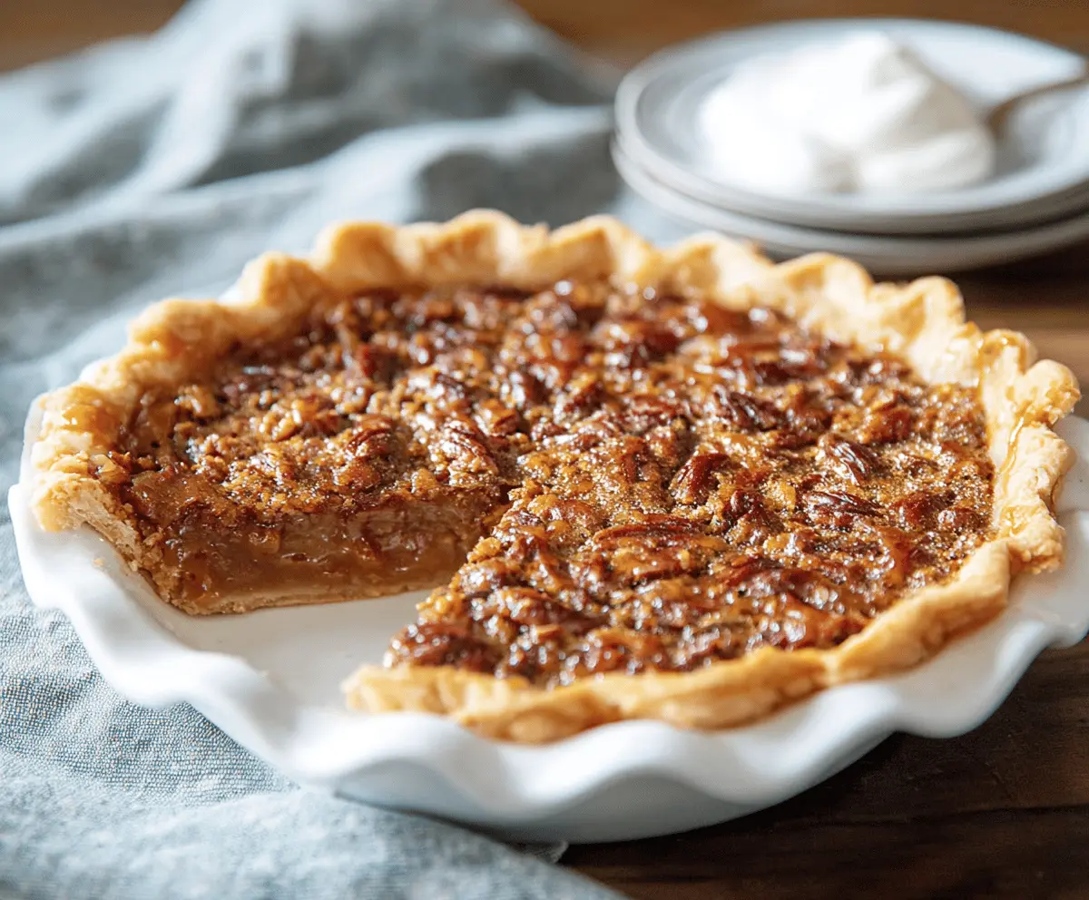 Delicious caramel pecan pie topped with toasted pecans and a golden, flaky crust, perfect for dessert or special occasions