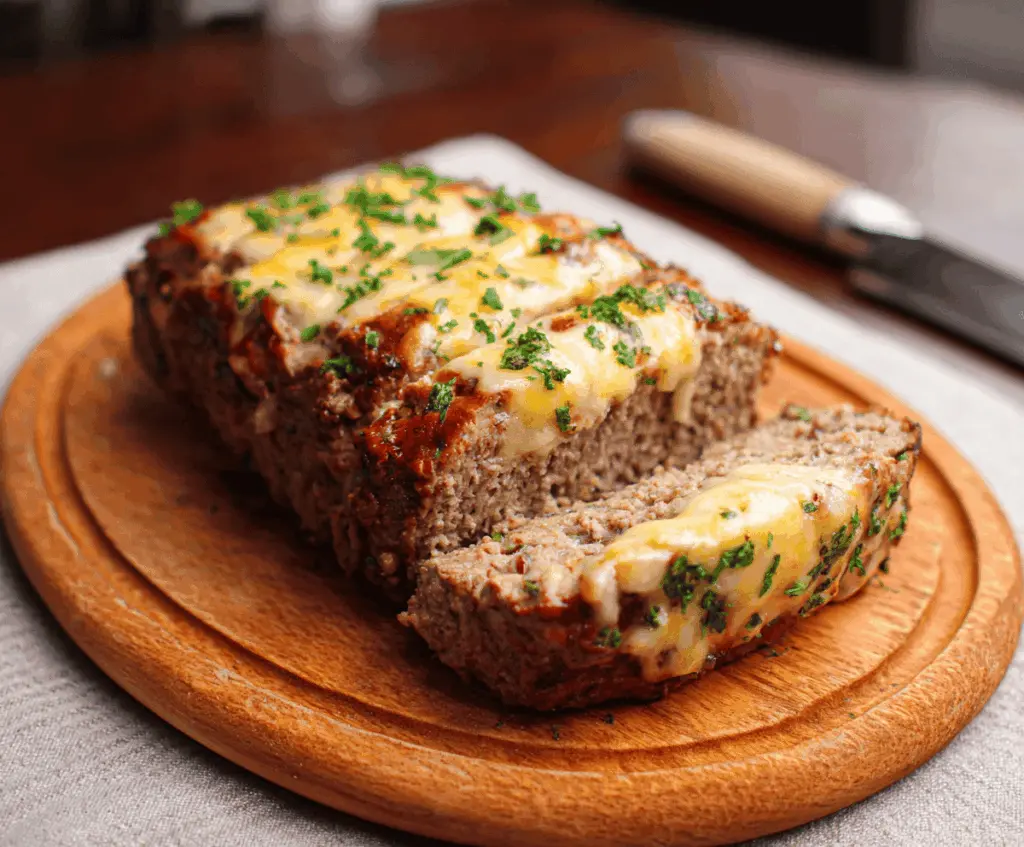 Cheddar-stuffed meatloaf topped with melted cheese slices on a baking tray, garnished with fresh herbs