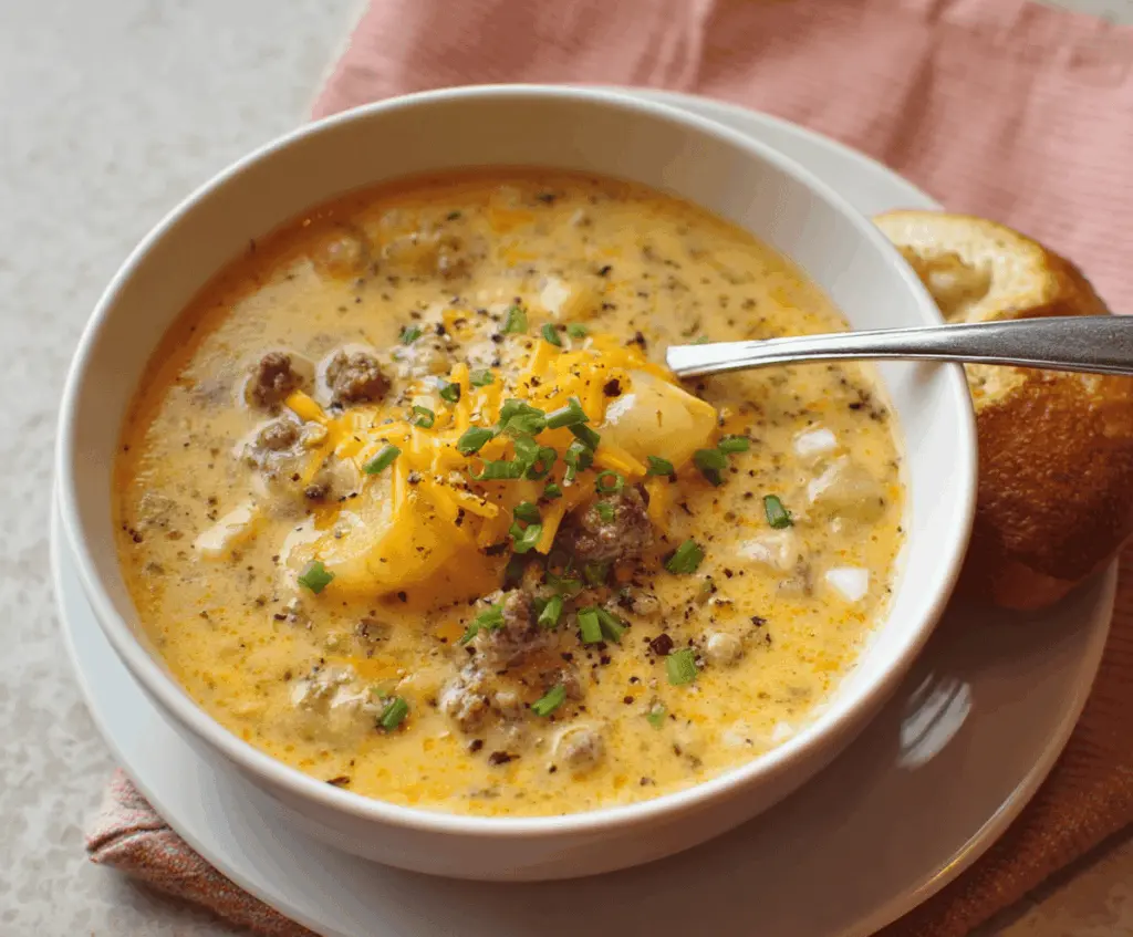 Creamy cheeseburger soup in a bowl topped with shredded cheese, fresh herbs, and crunchy croutons, served with a slice of toasted bread.