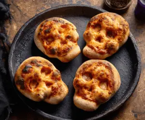Delicious cheesy Halloween pizza shaped like spooky skulls with melted cheese and festive toppings