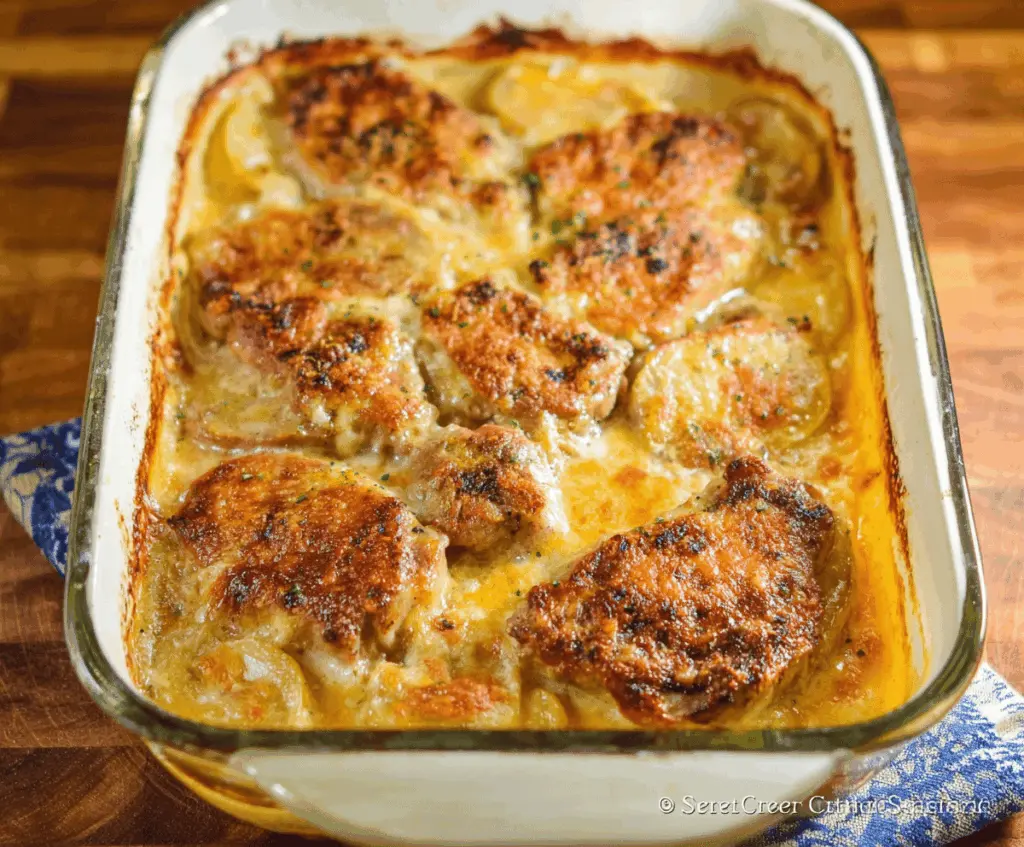 Delicious Cheesy Pork Chop Potato Casserole topped with melted cheese and fresh herbs, ready to serve