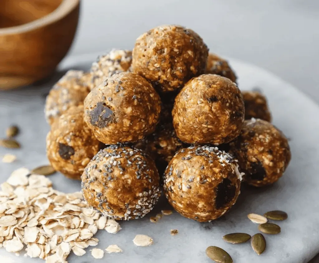 Delicious chia pumpkin protein balls on a white plate, showcasing a healthy, nutritious snack with seeds, oats, and pumpkin puree for energy and wellness.