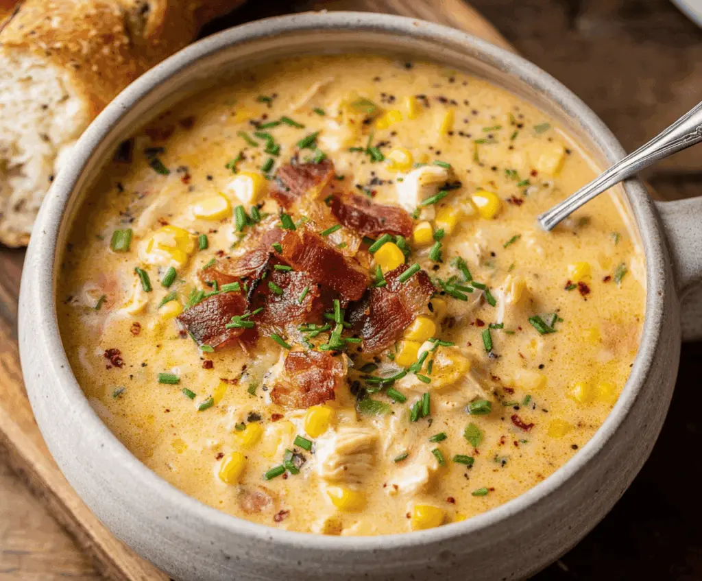 Creamy chicken corn chowder served in a bowl with fresh herbs and crispy bread on the side, perfect for a warm, comforting meal.