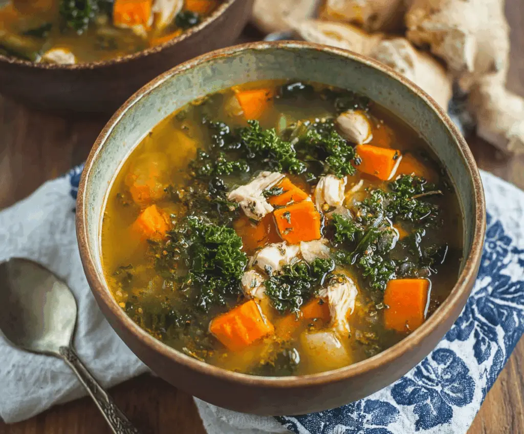 A bowl of hearty chicken sweet potato kale soup garnished with fresh herbs, featuring chunks of tender chicken, vibrant sweet potatoes, and leafy kale in a flavorful broth.
