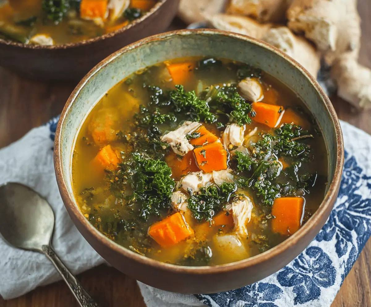 A bowl of hearty chicken sweet potato kale soup garnished with fresh herbs, featuring chunks of tender chicken, vibrant sweet potatoes, and leafy kale in a flavorful broth.