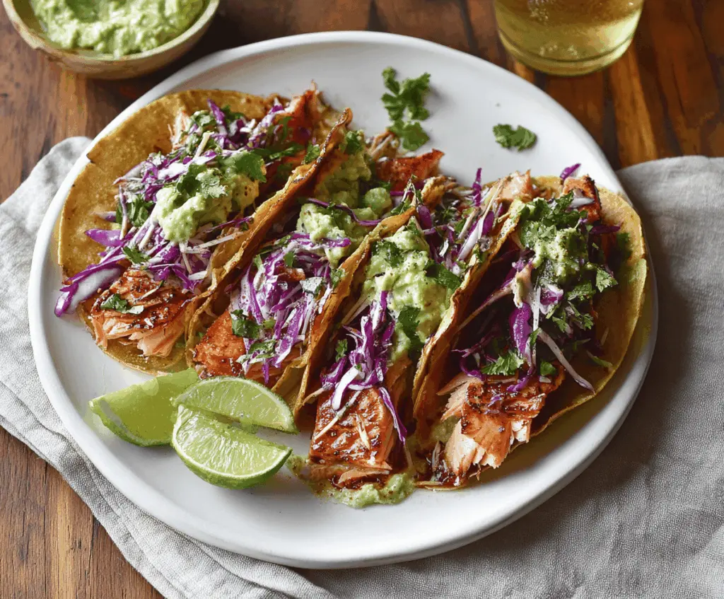 Fresh Chile Lime Salmon Tacos topped with diced tomatoes, chopped cilantro, and a squeeze of lime on a vibrant plate, perfect for a flavorful seafood meal.