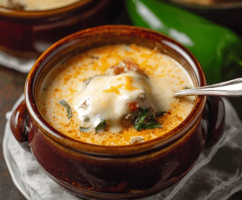 Creamy Chile Relleno Soup garnished with fresh cilantro and shredded cheese, served in a bowl with a spoon.