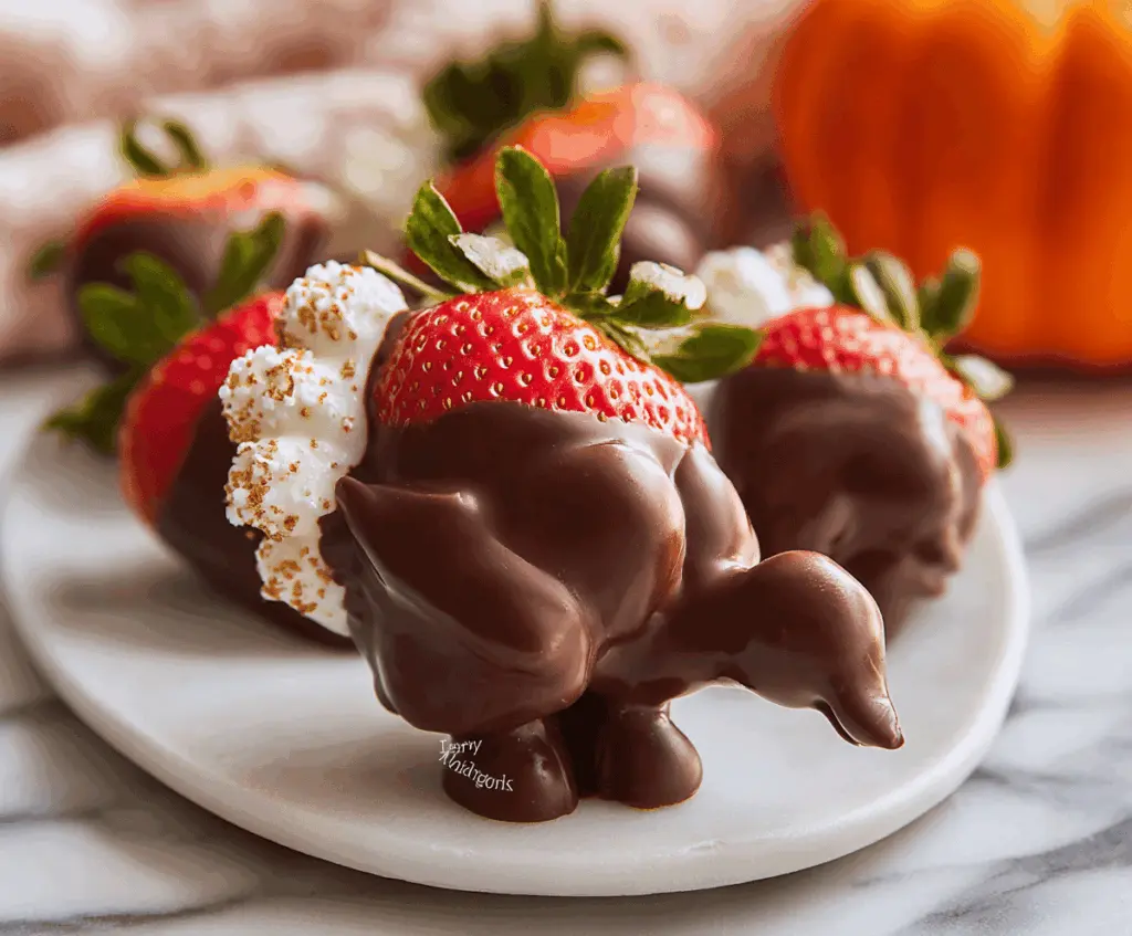 Chocolate covered strawberry turkeys decorated for Thanksgiving, featuring strawberries dipped in chocolate with candy eye accents and turkey feather details.
