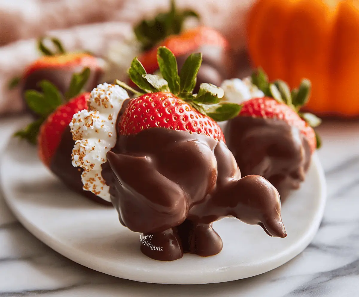 Chocolate covered strawberry turkeys decorated for Thanksgiving, featuring strawberries dipped in chocolate with candy eye accents and turkey feather details.