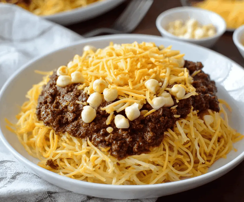 Delicious bowl of Cincinnati chili topped with shredded cheese and onions, served with garlic bread on the side