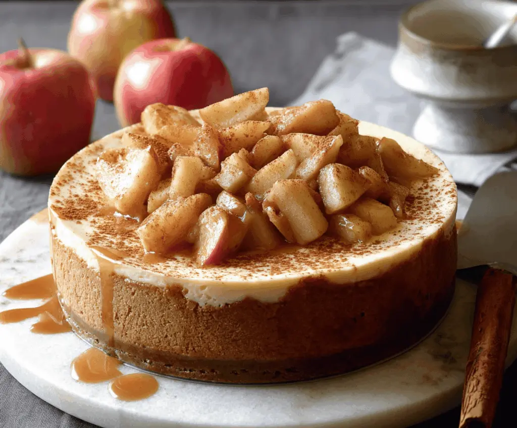 Creamy cinnamon apple cheesecake topped with caramelized apple slices and a cinnamon graham cracker crust, perfect for fall dessert cravings.