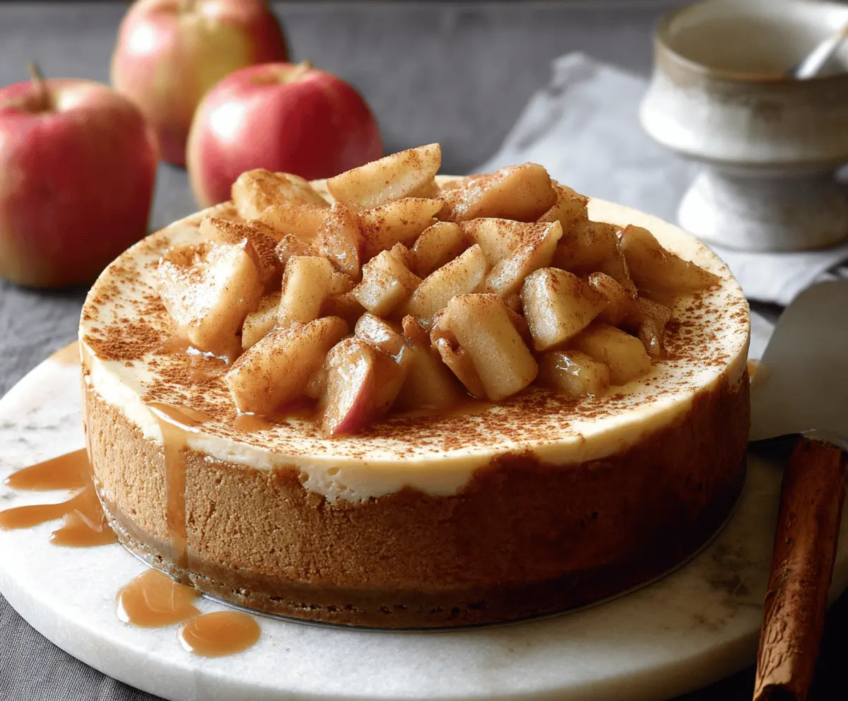 Creamy cinnamon apple cheesecake topped with caramelized apple slices and a cinnamon graham cracker crust, perfect for fall dessert cravings.