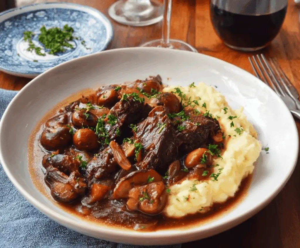 Savory Classic French Beef Bourguignon featuring tender beef stew with red wine, mushrooms, carrots, and onions served in a rustic bowl